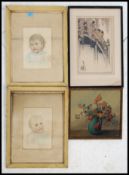 A collection of vintage early 20th century framed and glazed portrait paintings of children together