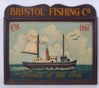 A 20th century reproducton Bristol Fishing Co. hand painted decorative wooden wall plaque sign. 57cm