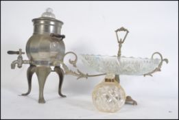 A vintage white metal samovar together with a large cut glass and silver plated centrepiece dish and