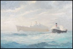 Hugh E Ridge RSMA. A Large oil on canvas painting of the  Liner Oriana passing a coastal ship in