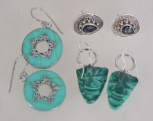 A pair of malachite and silver earrings