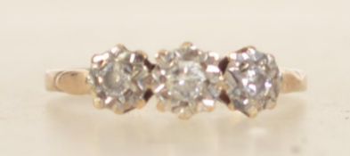 A hallmarked 9ct gold trilogy ring with three diamonds in cathedral setting. Hallmarked London.