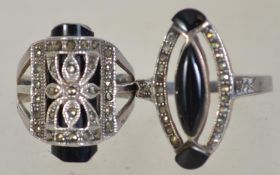 A pair of silver 925 and marcasite Art Deco style ladies dress rings both having jet stone