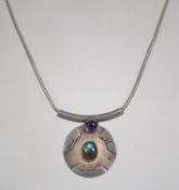 A silver 925 snake link necklace chain with lobster claw clasp having a amethyst and labradorite