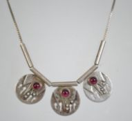 A hallmarked silver box link necklace chain with spring hoop clasp having three modernist silver and