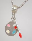 A silver 925 spaced box link necklace chain with spring hoop clasp having an unusual artists palette