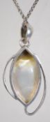 A silver 925 box link necklace chain with spring hoop clasp with large mother of pearl drop pendant.