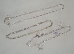Three silver 925 bracelet chains one being a rope twist chain with a claw clasp with a heart charm