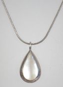 A silver 925 snake link necklace chain with c clasp having a silver and moonstone tear drop pendant.