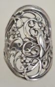 A silver 925 naturalistic oversized ladies dress ring depicting a song bird amongst a grape and vine