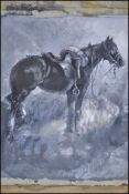 Believed FW Burton ( 1855 - ) ? An oil on card painting of military horse being holstered. Painted