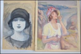 FWilliam Burton (1855 - ) ? 2 watercolour on card paintings of ladies, one a seascape cliff scene in