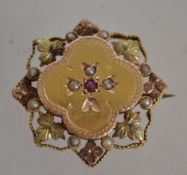 A Victorian 9ct gold ruby and dseed pearl ladies brooch of star form adorned with leaf borders Total