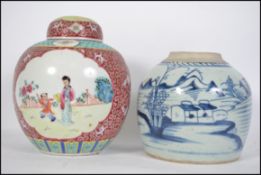 A Chinese famille rose ginger jar with scenes of Geisha's together with a Chinese blue and white