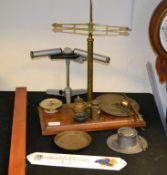 A mixed lot to include a vintage stick thermometer / barometer case, binoscope, barometer, inkwell