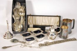 A collection of silver plate to include a set of four Georgian open salts with blue glass liners and