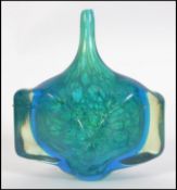 A Mdina ( M'dina ) Fish or Axe Head vase, dated 1979, signed to the base, internal blue green