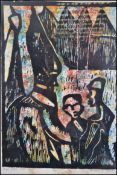 A framed and glazed African abstract tribal signed lino print entitled Like Father Like Sons by