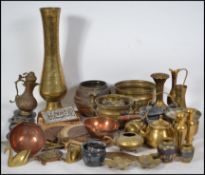 A large mixed lot of various brass ware and silver plated goods to include: teapot; horse brasses on