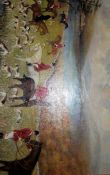 An oil painting on board showing an English countryside hunting scene to include hounds and