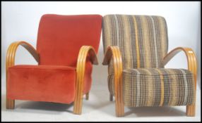 A good pair of 1930's Art Deco bentwood club armchairs having ribbed and reeded bentwood armrests