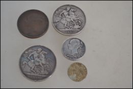 A group of Victorian and earlier coins to include two 1890s Jubilee bust full crowns, an 1837