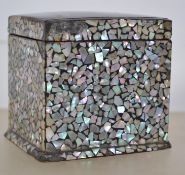 A Victoria papier mache lidded pedestal trinket pot having applied mother of pearl decoration. The