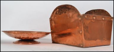 An unusual 19th century Victorian copper square hod together with a handbeaten Newlyn style tazza