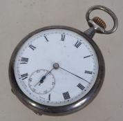 An early 20th century silver open faced crown wind pocket watch having roman numeral chapter ring