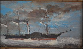 A believed 19th century miniature oil painting of a paddle steamer being signed to the corners L
