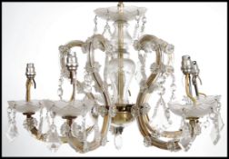 A vintage 20th century brass and glass five branch electric ceiling chandelier light fixture