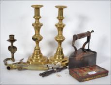 A collection of vintage assorted items to include; 2x Georgian pusher candlesticks, a Bristol