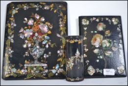 Two 19th century Victorian papier-mache and abalone shell blotter's decorated profusely with fauna