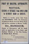 Port of Bristol. Original poster issued by the authority in 1926 re Closing of Entrance from River