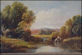 Henry Harris (1852 - 1926) Oil on canvas painting of a horse and rider resting by stream with