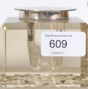 A silver & cut glass desk top inkwell. The silver hinged top with ' Margaret ' to top. Marked