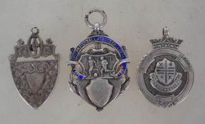 A collection of 3 silver armorial fob shields being hallmarked to include and enamel Indian Football