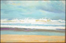 Percy Drake Brookshaw (1907-1993)  A maritime ocean coastal scene with beach and foaming waves