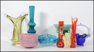 A collection of studio art glass wares to include mid century Italian glass, swirl scandinavian