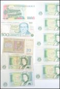 Various banknotes to include seven £1 notes, six of which are in very good order; a Banco Central De