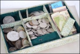 A collection of vintage coins and notes. To include a 1900 Victorian veiled bust crown,