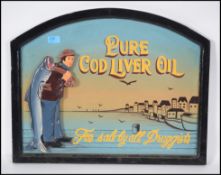 A contemporary reproduction advertising sign for Cod Liver Oil of an angler fishing. Measures 60cm