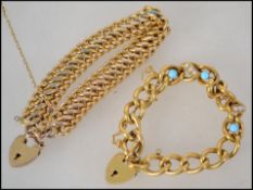 A yellow metal turquoise and seed pearl belcher chain bracelet having a heart lock clasp and