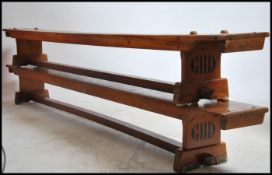 2 vintage solid wood low school gym refectory benc
