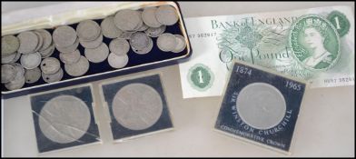 A collection of coins to include two 1953 five shilling Crowns in perspex cases; one Sir Winston