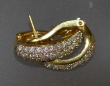 18ct gold and diamond earrings with pave set diamonds totalling approx 50pts. Total weight 6.8g.