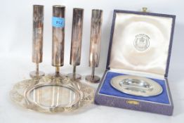 A near set of four Conran silver plated stem vases together with a WMF fret pierced and glass pin