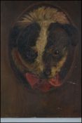 An early 20th century oil on canvas portrait painting of a terrier dog. Signed to the corner A. Tuck