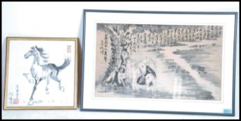 2 20th century Chinese prints, one of a wild horse with character marks together another of forest