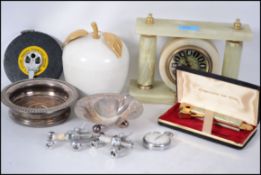 An mid century onyx clock by Mercedes together with a retro ice bucket, Rabone Cherterman measure,